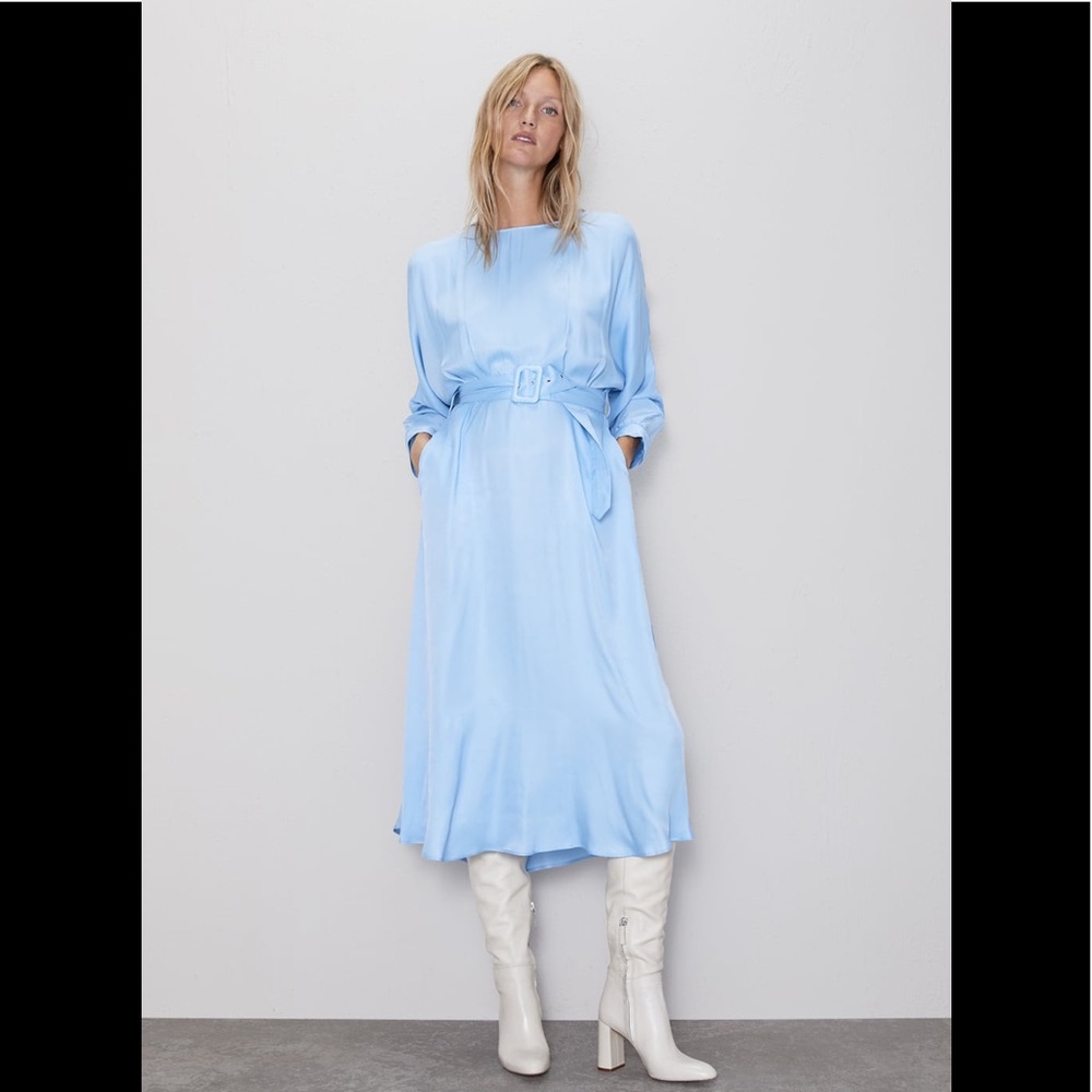 ZARA Baby Blue Belted Satin Effect Midi Dress - Picture 9 of 14